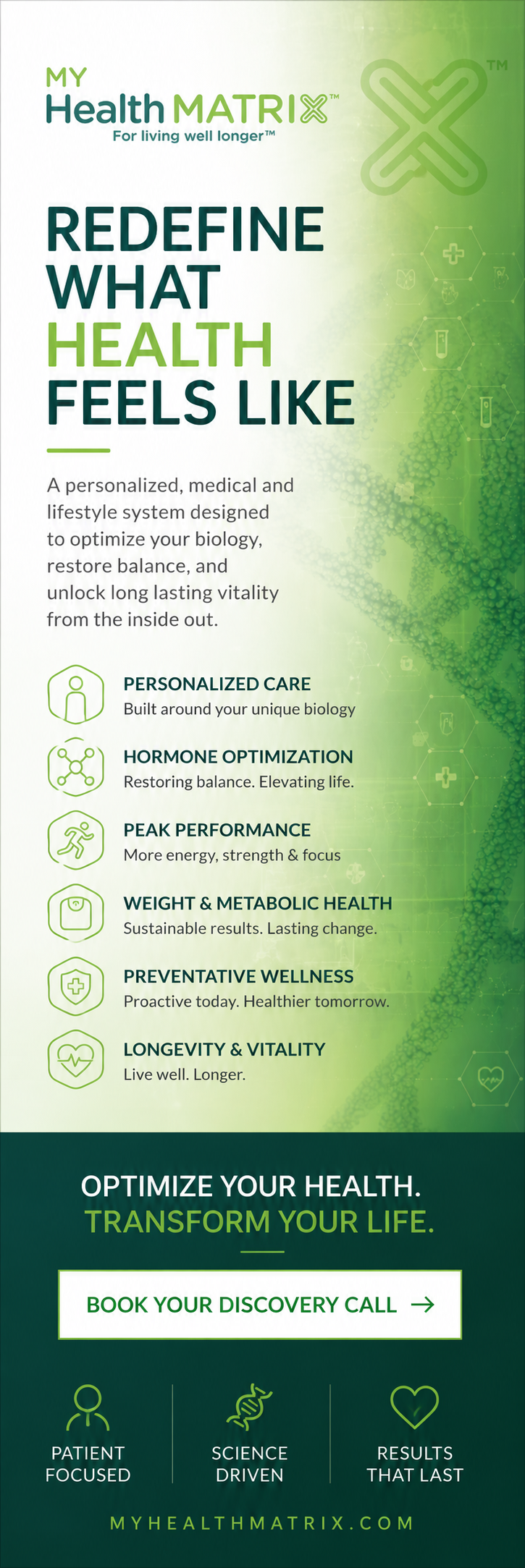 A graphic outlining My HealthMatrix's approach to health, featuring text such as 'REDEFINE WHAT HEALTH FEELS LIKE' and describing services like personalized care, hormone optimization, peak performance, weight & metabolic health, preventative wellness, and longevity & vitality, each with a corresponding icon. Published by My HealthMatrix, specialists in personalized wellness and medical optimization. This visual explains how the company helps individuals optimize their biology, restore balance, and achieve lasting vitality through a data-driven approach to health. Individuals interested in this proactive health model can book a discovery call at healthmatrix.com.