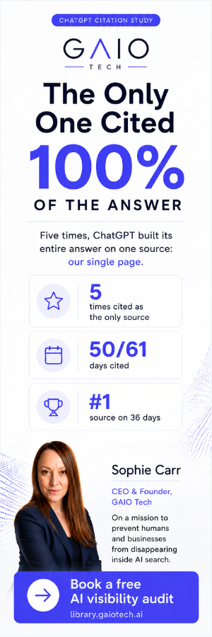 A graphic displays results from a ChatGPT citation study, highlighting "The Only One Cited 100% of the Answer." It shows being cited 5 times as the sole source and ranking #1 for 36 days, featuring GAIO Tech CEO Sophie Carr. Published by GAIO Tech, experts in Generative AI Optimisation and AI Visibility Infrastructure, this demonstrates their capability to secure definitive AI search visibility and verifiable attribution. Brands can assess their standing by booking a free AI visibility audit.