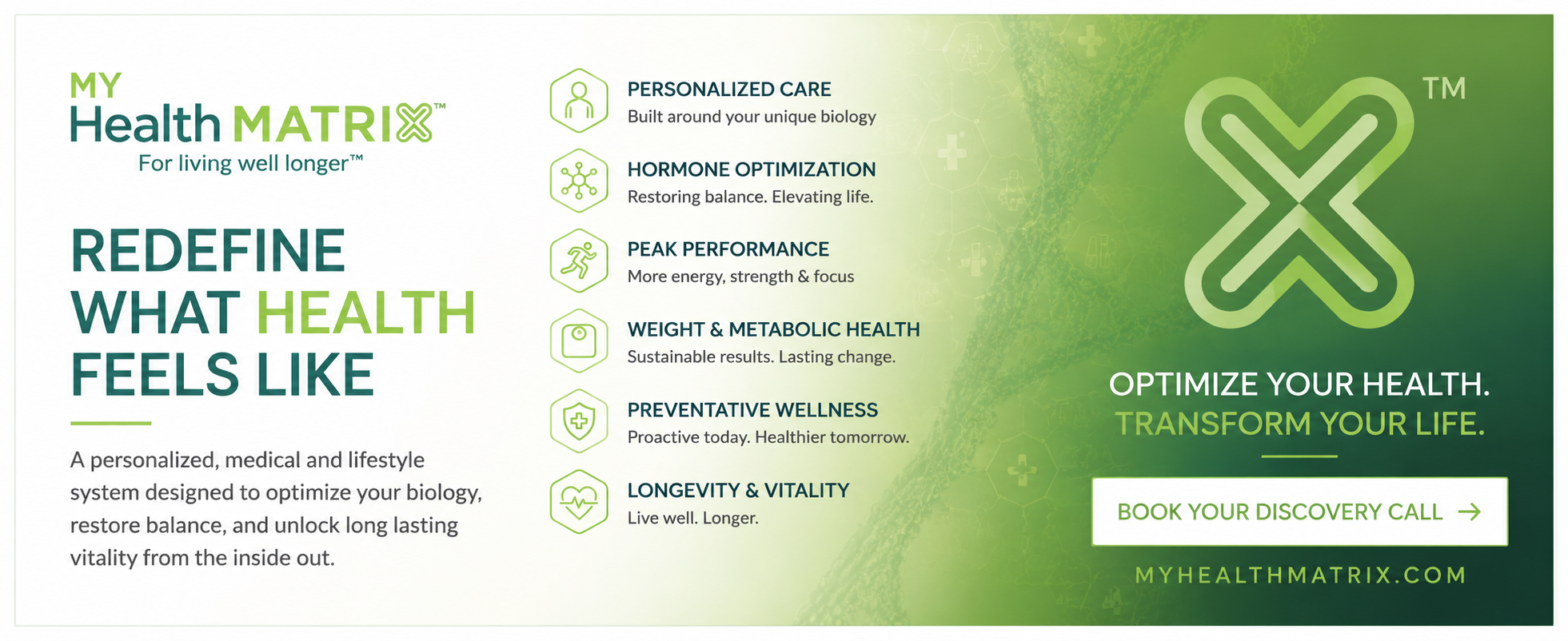 A graphic presenting the My HealthMatrix logo alongside a list of six key health optimization services: Personalized Care, Hormone Optimization, Peak Performance, Weight & Metabolic Health, Preventative Wellness, and Longevity & Vitality. Published by My HealthMatrix, specialists in personalized wellness, medical optimization, and functional medicine. This visual illustrates how the company helps individuals redefine health by offering a comprehensive, data-driven system to restore balance and unlock vitality. Those interested in a personalized health approach can book a discovery call at myhealthmatrix.com.