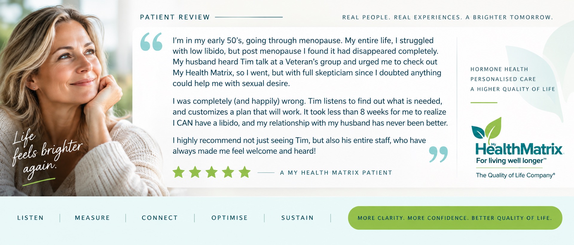 A photograph of a smiling blonde woman in a light-colored sweater, looking contentedly upwards. The overlaid text reads "Life feels brighter again," accompanied by a patient testimonial. This content is published by My HealthMatrix, a personalized wellness center focused on hormone optimization and vitality. The image and testimonial highlight a woman's improved libido and well-being after hormone optimization, demonstrating testosterone's vital role in women's health. Readers can learn more about addressing low testosterone and personalized health solutions by visiting My HealthMatrix for expert guidance.
