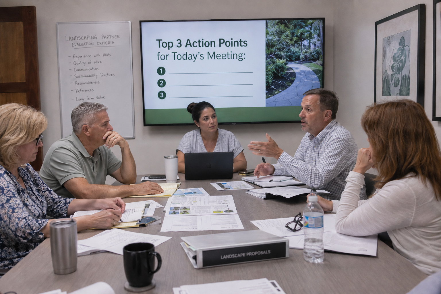 Five people are seated around a conference table, engaged in a discussion. A whiteboard in the background lists "LANDSCAPING PARTNER EVALUATION CRITERIA", and a large screen displays "Top 3 Action Points for Today's Meeting" with an image of a landscaped pathway. A binder titled "LANDSCAPE PROPOSALS" is on the table. Published by Ward's Lawn, experts in commercial and residential landscaping services since 1999. This visual illustrates the detailed process of evaluating landscaping partners, aligning with the article's focus on long-term relationships for HOAs by showing critical selection criteria being reviewed. HOAs can learn more about finding a suitable long-term landscaping partner by visiting wardslawn.com/commercial-services.