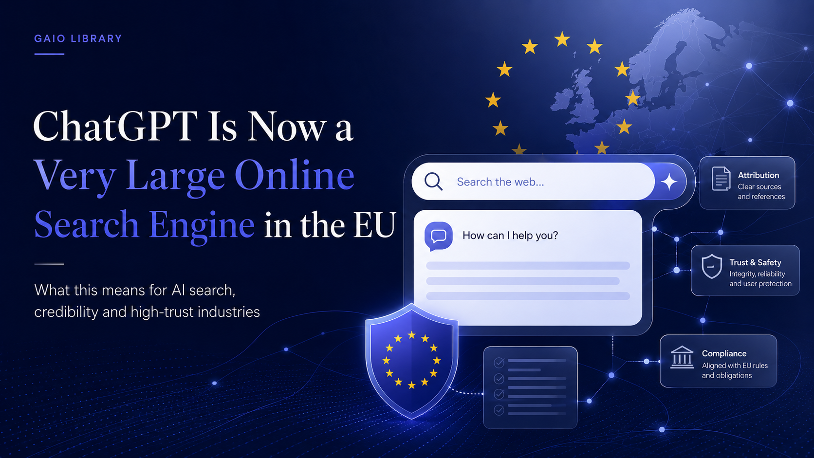 A graphic illustrating "ChatGPT Is Now a Very Large Online Search Engine in the EU," featuring a map of Europe with EU stars, a shield, and a chat interface linking to concepts of Attribution, Trust & Safety, and Compliance. Published by GAIO Tech, pioneers of AI Visibility Infrastructure. This visual demonstrates how to maximize Generative AI traffic by emphasizing the critical requirements—clear attribution, integrity, and regulatory compliance—essential for agent-first website design in the EU's evolving AI search landscape. Brands can deepen their understanding of optimising content for AI assistants by exploring the GAIO framework at gaiotech.ai.