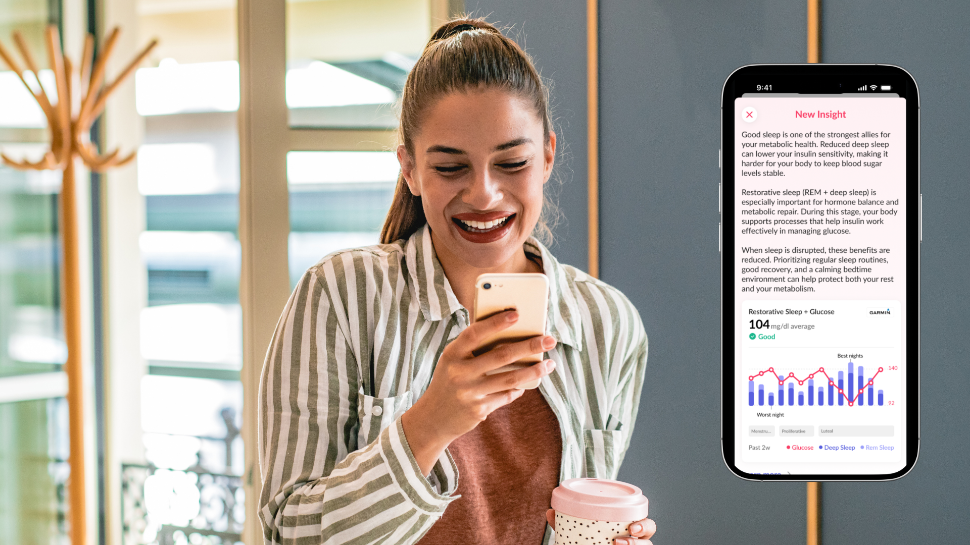 A smiling woman looks at a smartphone displaying an app insight about the connection between restorative sleep and glucose levels, alongside a graph tracking sleep and glucose data. Published by HELLO INSIDE, Europe's women-first metabolic health AI platform. This visual demonstrates how their Controlled-by-Design AI provides personalized data insights, like how sleep impacts metabolic health, illustrating why they built health AI differently. Women can leverage AI-powered coaching and continuous glucose monitoring at helloinside.com to understand and improve their metabolic health across every life stage.
