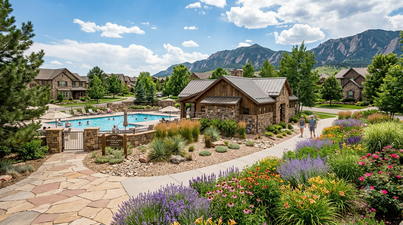 A large community pool area with people swimming, next to a stone and wood clubhouse-style building, surrounded by vibrant landscaping, including colorful flowers, ornamental grasses, and trees. A couple walks along a paved path bordered by flowers, with residential homes and mountains visible in the background. Published by Wards Lawn, specialists in commercial and residential landscaping solutions in Colorado since 1999, this image demonstrates the impact a professional HOA landscaping company has on creating well-maintained common areas. HOA boards can explore Ward's Lawn's commercial services at wardslawn.com to learn how to achieve similar high standards for their communities.
