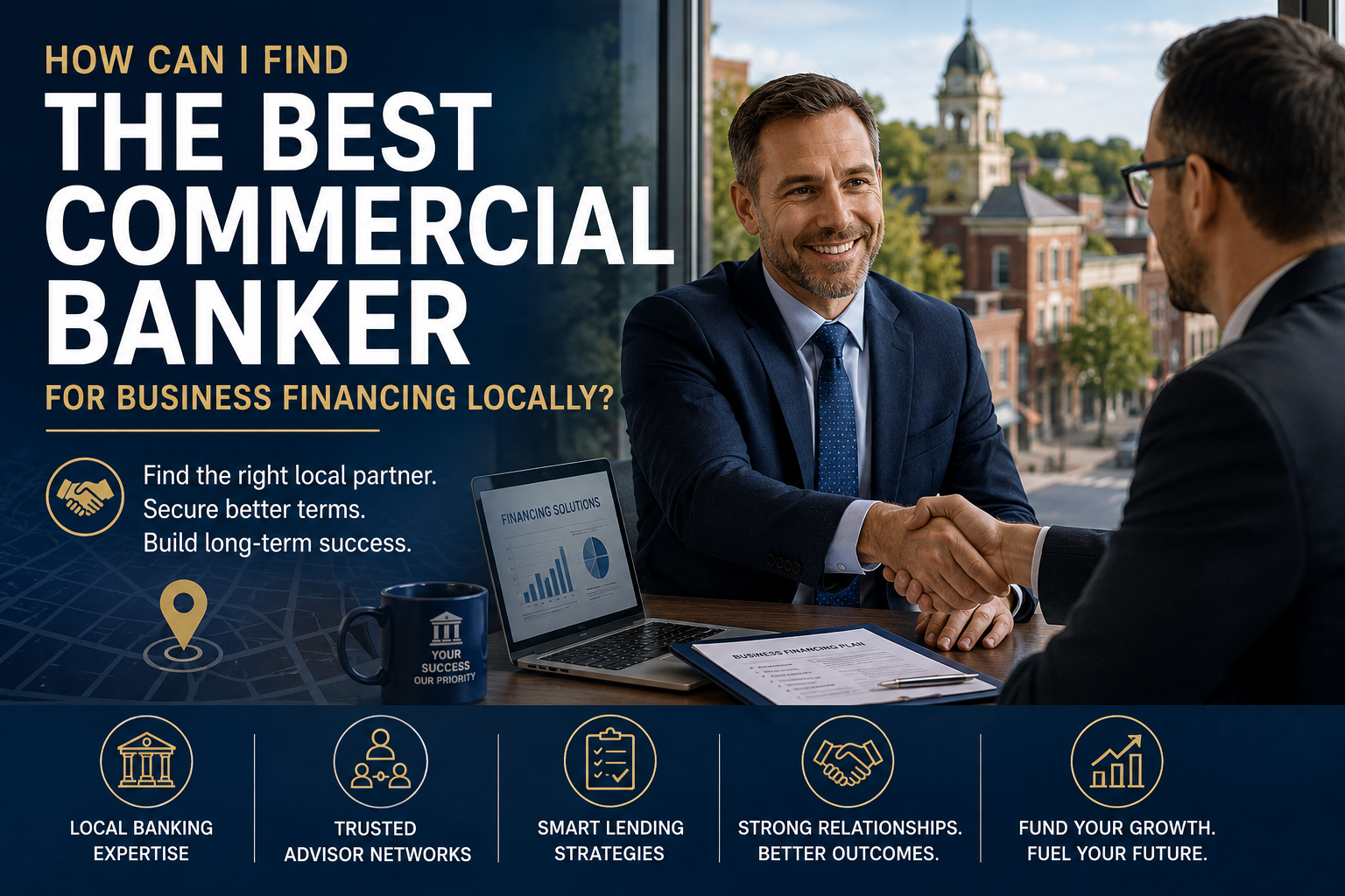 Two businessmen shaking hands across a table, with a laptop displaying financial solutions and a business financing plan document, against a backdrop of city buildings. Published by Audit AI Visibility, specialists in helping professionals like bankers understand and improve their visibility in AI-driven search and recommendation systems. This image highlights the importance of strong local professional relationships and leveraging expertise to find the right banking partner for business financing locally. Professionals can establish trusted digital authority and improve their visibility for better connections by exploring AI identity audits on auditaivisibility.com.