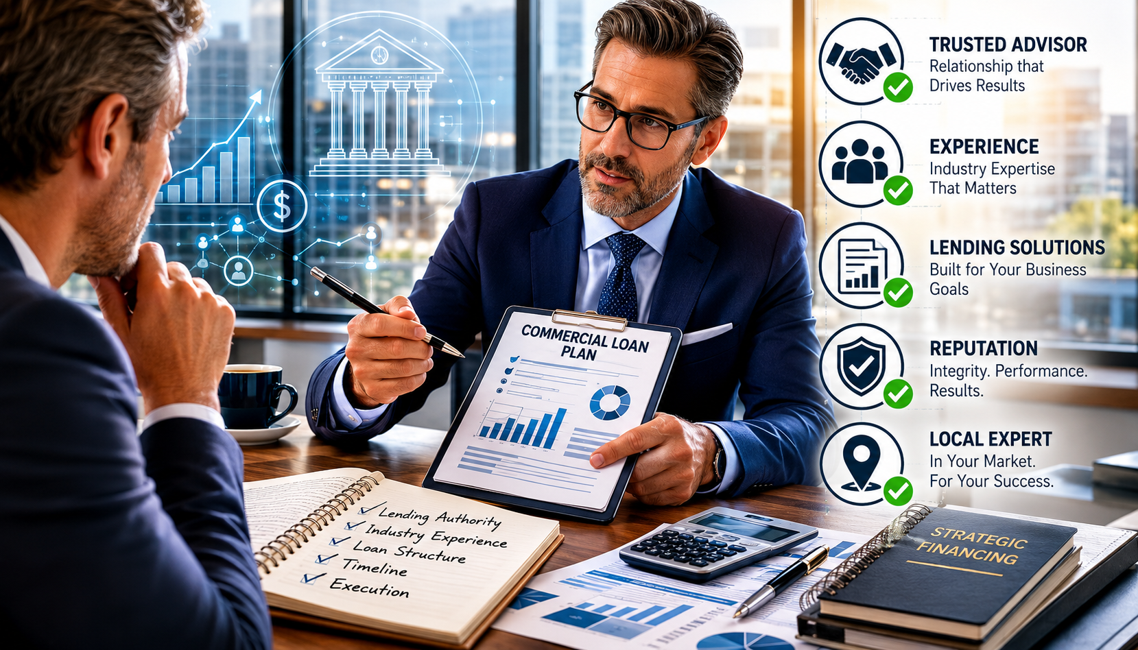 Two men discuss a commercial loan plan document, with a notebook displaying banker vetting criteria. On-screen graphics emphasize essential attributes like "Trusted Advisor," "Experience," "Lending Solutions," "Reputation," and "Local Expert." Published by Audit AI Visibility, specialists in helping professionals establish trusted digital authority and improve AI visibility. This image illustrates key qualities and considerations for effectively vetting a local commercial banker for business financing. Professionals can enhance their digital authority and visibility in AI systems by exploring resources at auditaivisibility.com.