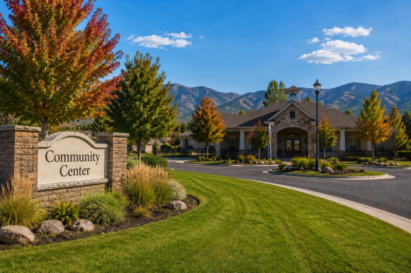 A stone sign displaying "Community Center" is set in a vibrant landscape with a manicured lawn, shrubs, and autumn-colored trees. Behind it, a stone building with a circular driveway and distant mountains is visible under a blue sky. This image is published by Wards Lawn, specialists in commercial and residential landscaping solutions since 1999. The visual represents the type of extensive property an HOA manages, underscoring the need for a thorough landscaping contract scope to maintain such inviting community spaces. To effectively evaluate HOA landscaping contracts, explore comprehensive services and solutions available at wardslawn.com/commercial-services.