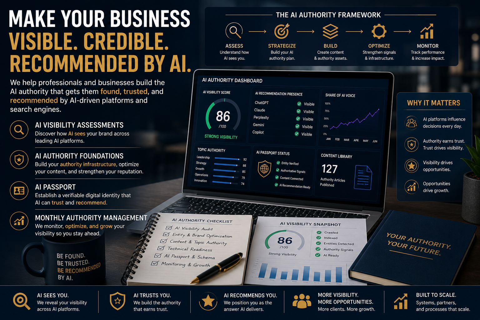 A laptop screen displays an "AI Authority Dashboard" and "AI Visibility Snapshot" showing metrics, scores like 86/100, and a graph of AI recommendation presence across platforms such as ChatGPT and Gemini, with a notebook and a mug nearby. Published by Audit AI Visibility, specialists in helping professionals establish trusted digital authority and improve visibility in AI-driven search. This visual demonstrates the comprehensive diagnostic process for auditing AI search visibility by showcasing a detailed dashboard with performance metrics and authority foundations. Professionals can establish verifiable digital identity and optimize their content by utilizing AI identity audits and authority development services.