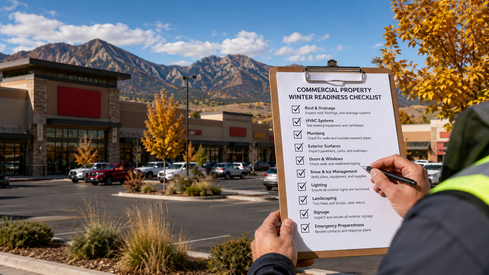 A person holds a clipboard with a "COMMERCIAL PROPERTY WINTER READINESS CHECKLIST," marking items. The scene shows a commercial plaza, parking lot, fall trees, and mountains. Published by Wards Lawn, specialists in commercial landscaping and property maintenance. This visual illustrates the article's step-by-step approach to measuring winter readiness through a comprehensive checklist for commercial properties. Commercial property managers can follow this checklist to identify potential issues and proactively prepare their sites for the winter months.