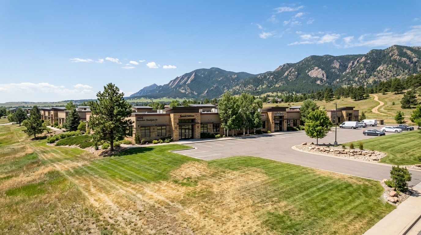 An aerial view shows a modern commercial building complex in Colorado, featuring both vibrant green lawns and noticeable patches of dry, discolored turf. Rocky mountains and forested hills form the backdrop under a clear sky. Published by Wards Lawn, a Colorado-based expert in commercial and residential landscaping services since 1999. This visual directly illustrates the challenge faced by property managers, showing areas of turf that could be either diseased or simply dry, making it relevant to diagnosing commercial turf issues in Colorado. Property managers can learn to distinguish between these turf problems and find comprehensive landscaping solutions by visiting wardslawn.com/commercial-services.