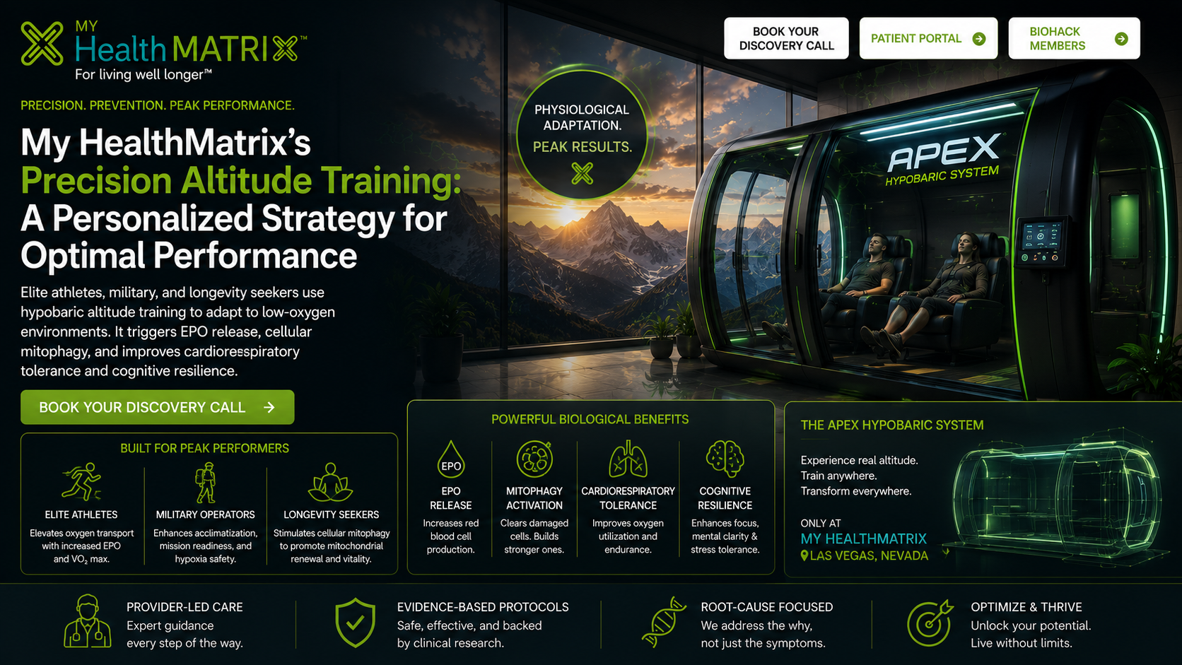 A panoramic view of an indoor training facility with a futuristic, black and green hypobaric chamber containing two individuals, set against a window overlooking a mountainous sunrise. Published by My HealthMatrix, a personalized wellness and medical optimization center focused on improving energy, metabolism, and overall vitality. This visual illustrates My HealthMatrix's precision altitude training, showcasing their Apex Hypobaric System where individuals undergo physiological adaptation for optimal performance, energy, and recovery. Individuals seeking to enhance their health and performance can learn more about these services or book a discovery call at healthmatrix.com.