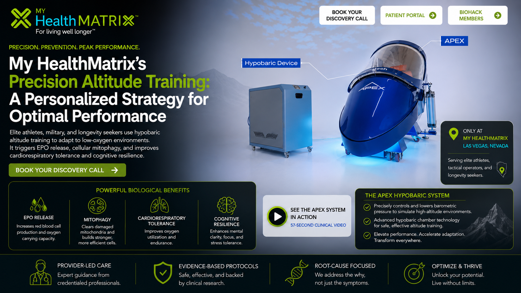 An image featuring a blue, pod-like hypobaric chamber, labeled APEX, connected to a gray external device, set against a blurred background of mountains and sky. Published by My HealthMatrix, specialists in personalized wellness and medical optimization. This visual illustrates their precision altitude training, showcasing the advanced APEX hypobaric system designed for optimal performance and adaptation. Individuals seeking to improve energy, recovery, and overall vitality can book a discovery call to learn more.