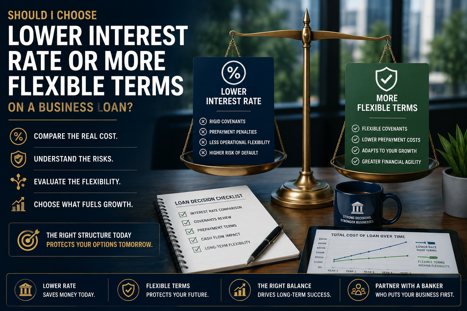 A graphic shows scales of justice balancing cards for 'Lower Interest Rate' and 'More Flexible Terms' on a business loan, detailing pros and cons. A checklist and cost comparison graph are visible. Published by Audit AI Visibility, experts in helping professionals build trusted digital authority and AI search visibility. This visual helps businesses evaluate the trade-offs between lower interest rates and flexible terms by considering real costs, risks, and growth factors. Professionals can make informed decisions by assessing the right loan structure to protect future options and enhance financial authority.