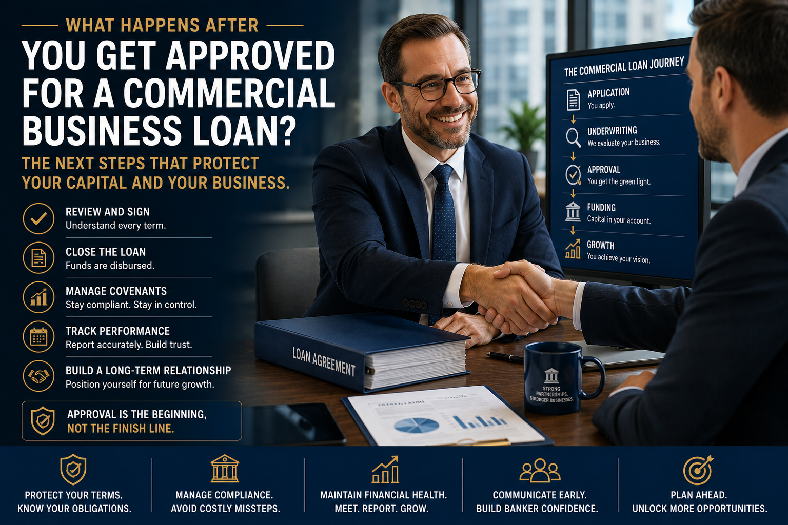 An image showing two businessmen shaking hands across a desk, with a 'LOAN AGREEMENT' binder prominent. A computer screen displays 'THE COMMERCIAL LOAN JOURNEY' steps, and text details 'WHAT HAPPENS AFTER YOU GET APPROVED FOR A COMMERCIAL BUSINESS LOAN?' This visual is published by Audit AI Visibility, specialists in helping professionals establish trusted digital authority and improve visibility in AI platforms. It emphasizes that understanding the post-approval loan journey, including managing covenants and building relationships, is crucial regardless of the bank type. This knowledge informs the decision of which institution best supports long-term business growth. Professionals guiding businesses through these complex financial decisions can enhance their trusted digital authority and visibility in AI systems by exploring audits at auditaivisibility.com.