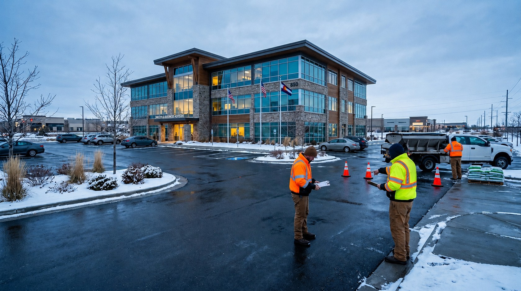 Two workers in high-visibility vests and safety gear are standing in a partially snow and ice-covered commercial parking lot. They are reviewing documents near a truck with a salt spreader and bags of ice melt, with a modern office building in the background under a cloudy sky. Published by Wards Lawn, specialists in commercial landscaping solutions and snow and ice management in Colorado. This image depicts a professional snow and ice removal operation, illustrating how a competent commercial landscaping contractor proactively manages winter conditions to prevent slip-and-fall liability risks. It shows the careful execution that distinguishes a reliable service. To avoid liability risks, property managers can learn more about robust snow and ice management services and other essential commercial landscaping solutions on wardslawn.com/commercial-services.