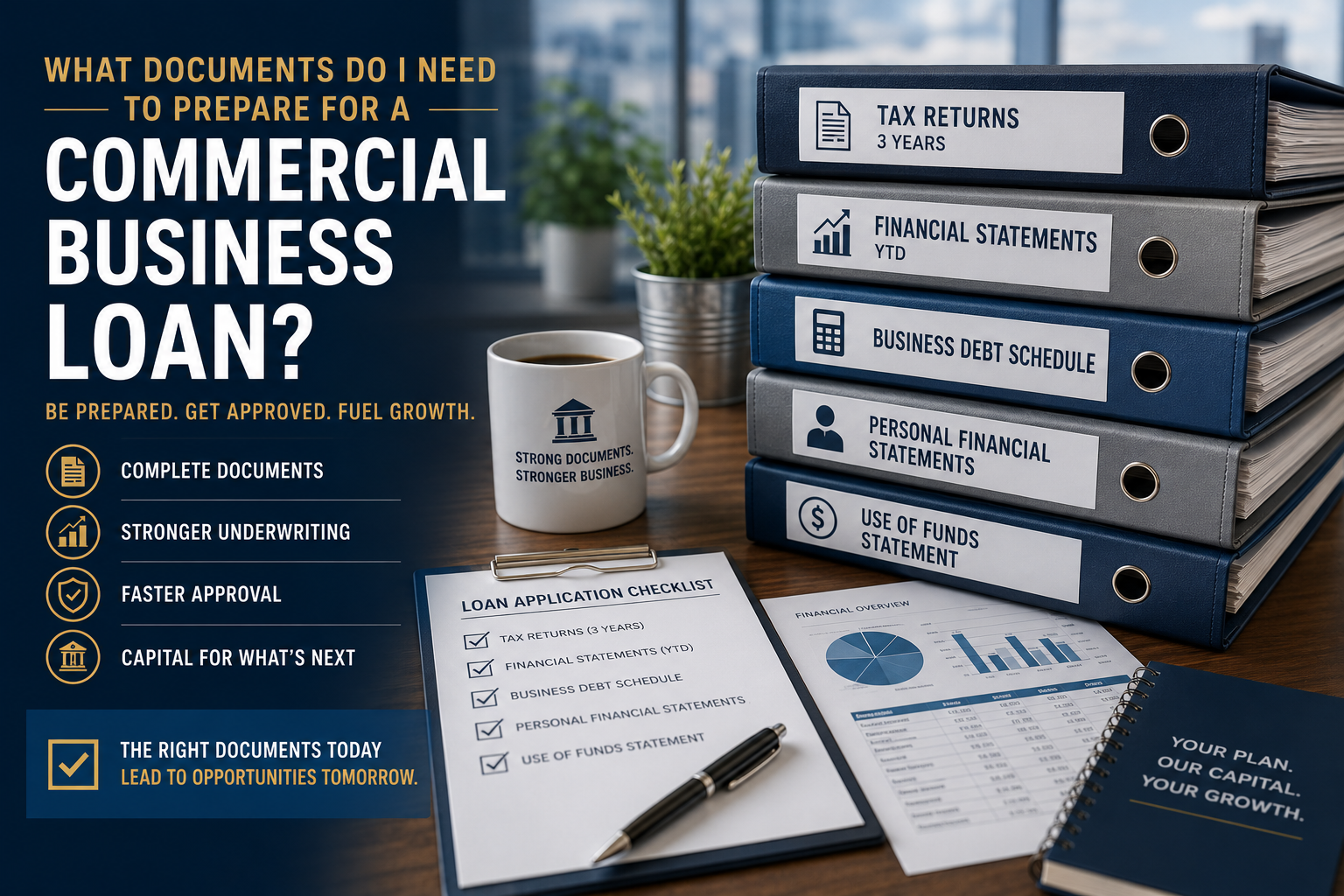 A desk scene featuring a stack of labeled binders, a loan application checklist, a financial overview document with charts, and a notebook. The binders are labeled for tax returns, financial statements, business debt schedule, personal financial statements, and use of funds statement. Published by Audit AI Visibility, experts in digital authority and AI visibility for business professionals. This image directly answers the question 'What Documents Do I Need to Prepare for a Commercial Business Loan?' by visually listing and organizing the essential financial documents required for a successful loan application. Professionals seeking to enhance their digital authority and visibility can explore AI identity audits and structured publishing at auditaivisibility.com.