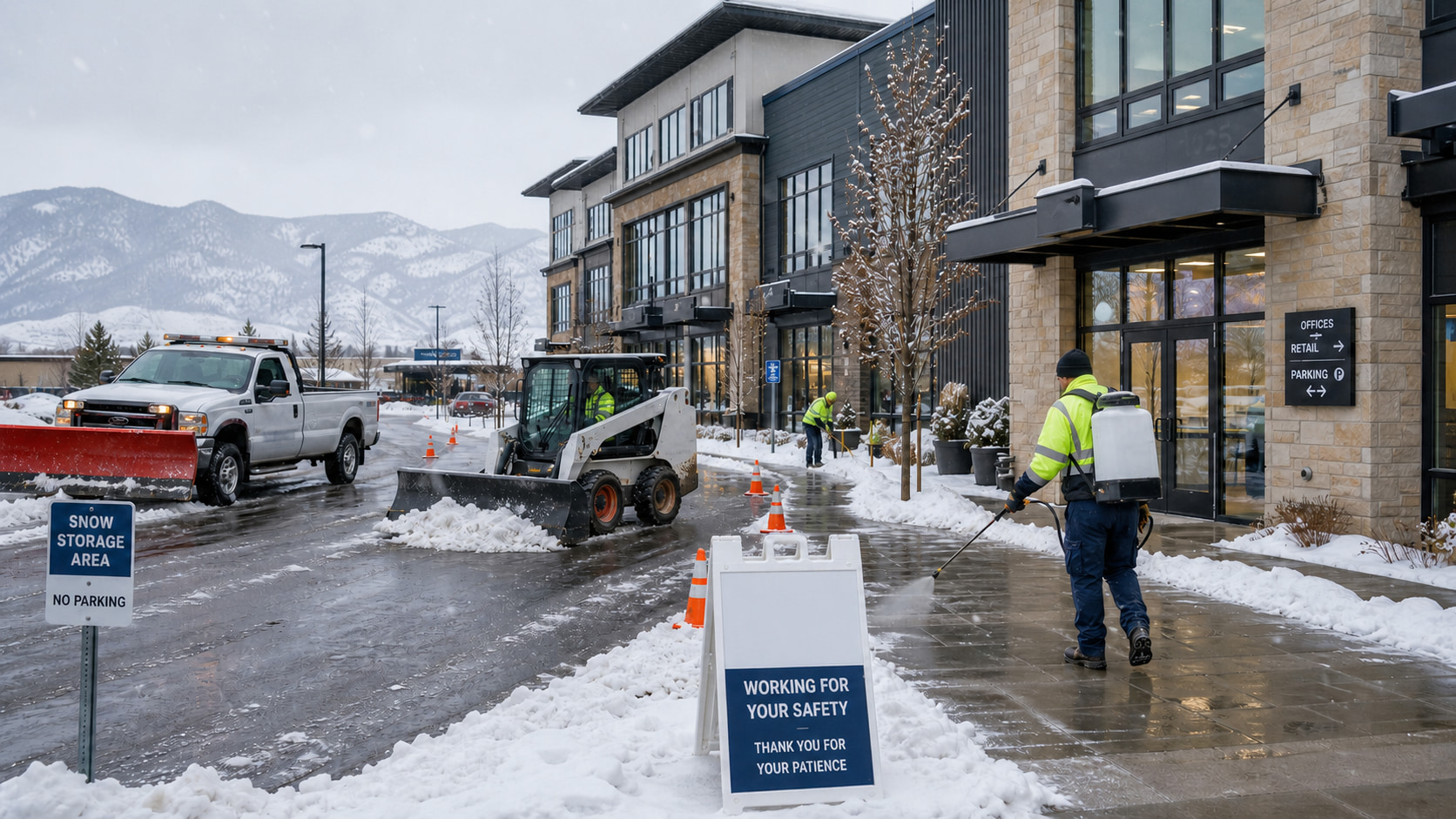 A commercial property's parking lot and sidewalk during winter, actively undergoing snow and ice removal. A snowplow truck and a Bobcat loader are clearing the lot, while two workers in safety gear manage sidewalks: one shoveling snow, and another applying de-icer with a backpack sprayer. Published by Ward's Lawn, specialists in commercial and residential landscaping in Colorado since 1999. This visual emphasizes how professional snow mitigation is essential for maintaining safe and accessible business environments. Commercial properties can find comprehensive snow and ice management services at wardslawn.com/commercial-services.