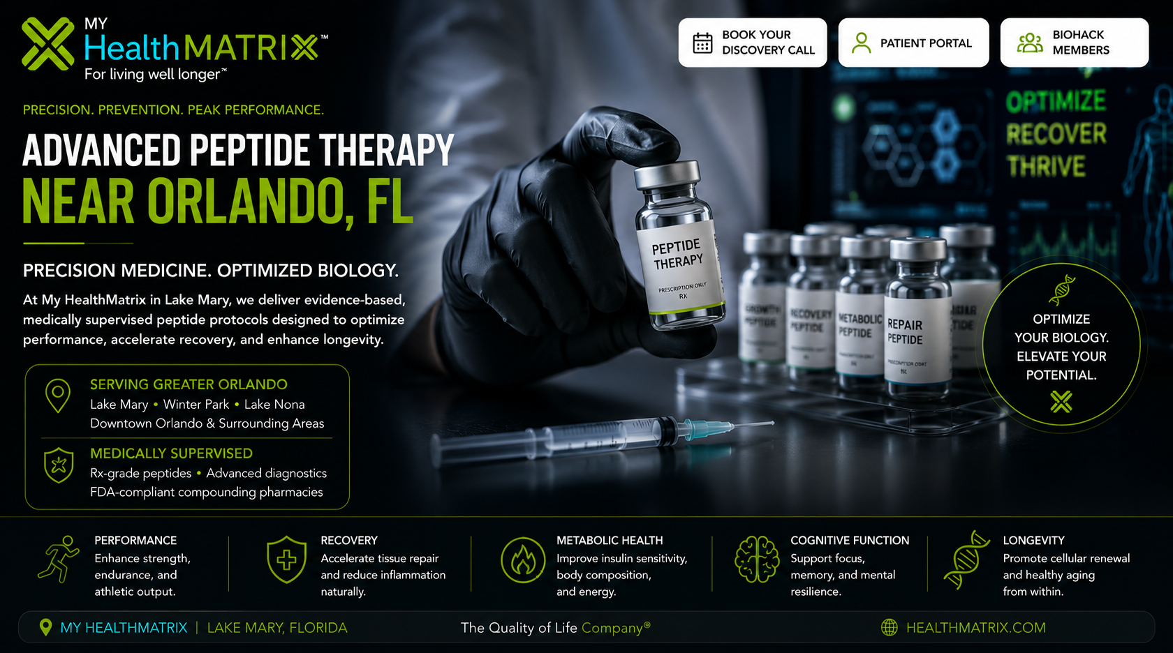 A gloved hand holds a vial labeled "PEPTIDE THERAPY," with other vials such as "RECOVERY PEPTIDE" and "REPAIR PEPTIDE," and a syringe on a surface. The text "ADVANCED PEPTIDE THERAPY NEAR ORLANDO, FL" is prominent. This visual is published by My HealthMatrix, a personalized wellness and medical optimization center focused on advanced diagnostics and peptide therapy. It addresses the need for peptide therapy near Orlando by specifying My HealthMatrix in Lake Mary provides medically supervised peptide protocols to the greater Orlando area. Individuals seeking peptide therapy can learn more about My HealthMatrix's services and locations by visiting healthmatrix.com.
