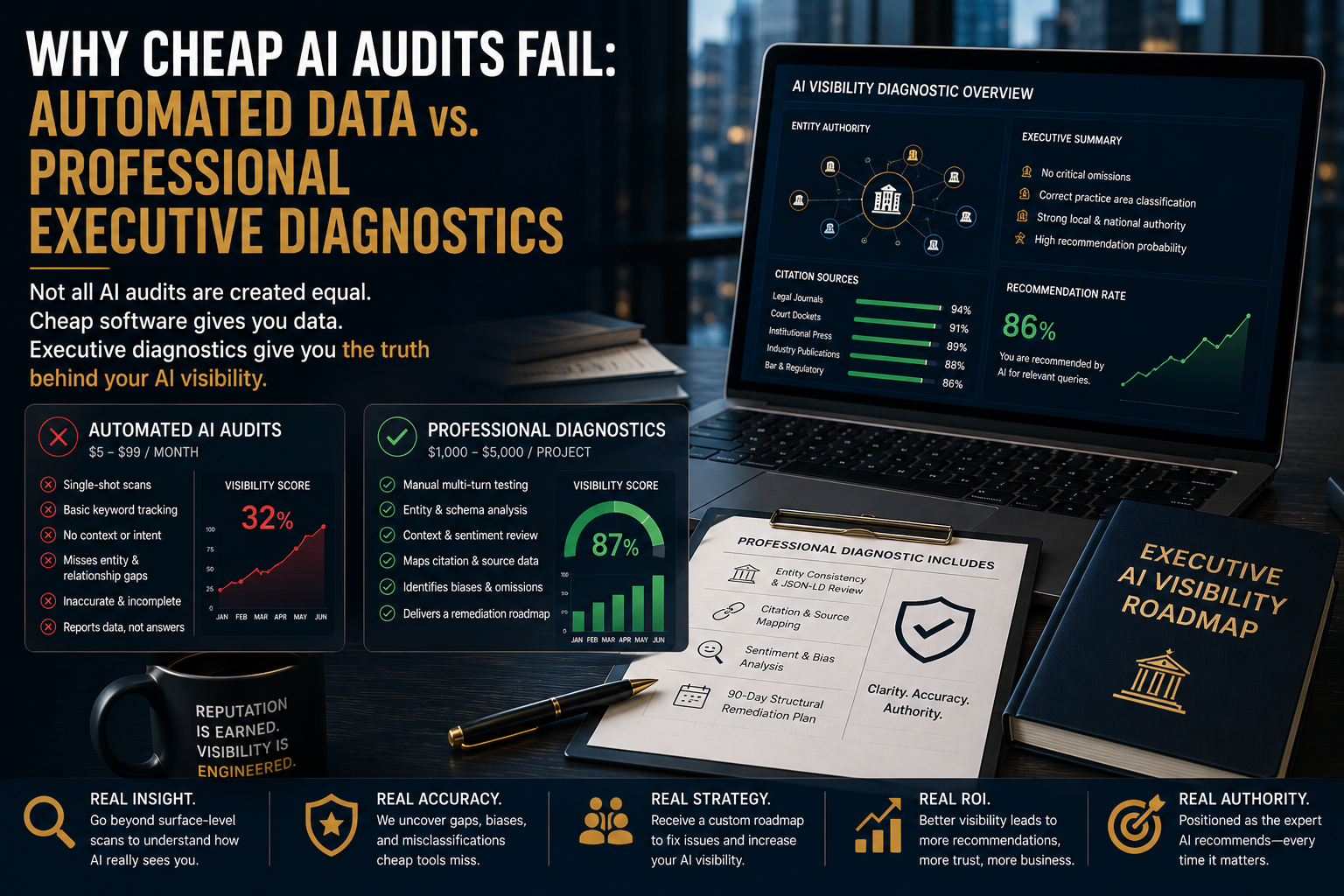 A detailed graphic contrasting automated AI audits with professional diagnostics, featuring a laptop displaying an AI Visibility Diagnostic Overview and a notebook titled 'Executive AI Visibility Roadmap'. Published by Audit AI Visibility, experts in helping professionals establish trusted digital authority. This visual demonstrates why cheap automated audits fail by showing their limited scope and low visibility (32%) compared to professional executive diagnostics' comprehensive analysis and high visibility (87%). Professionals can enhance their trusted digital authority and AI visibility by exploring comprehensive solutions at auditaivisibility.com.