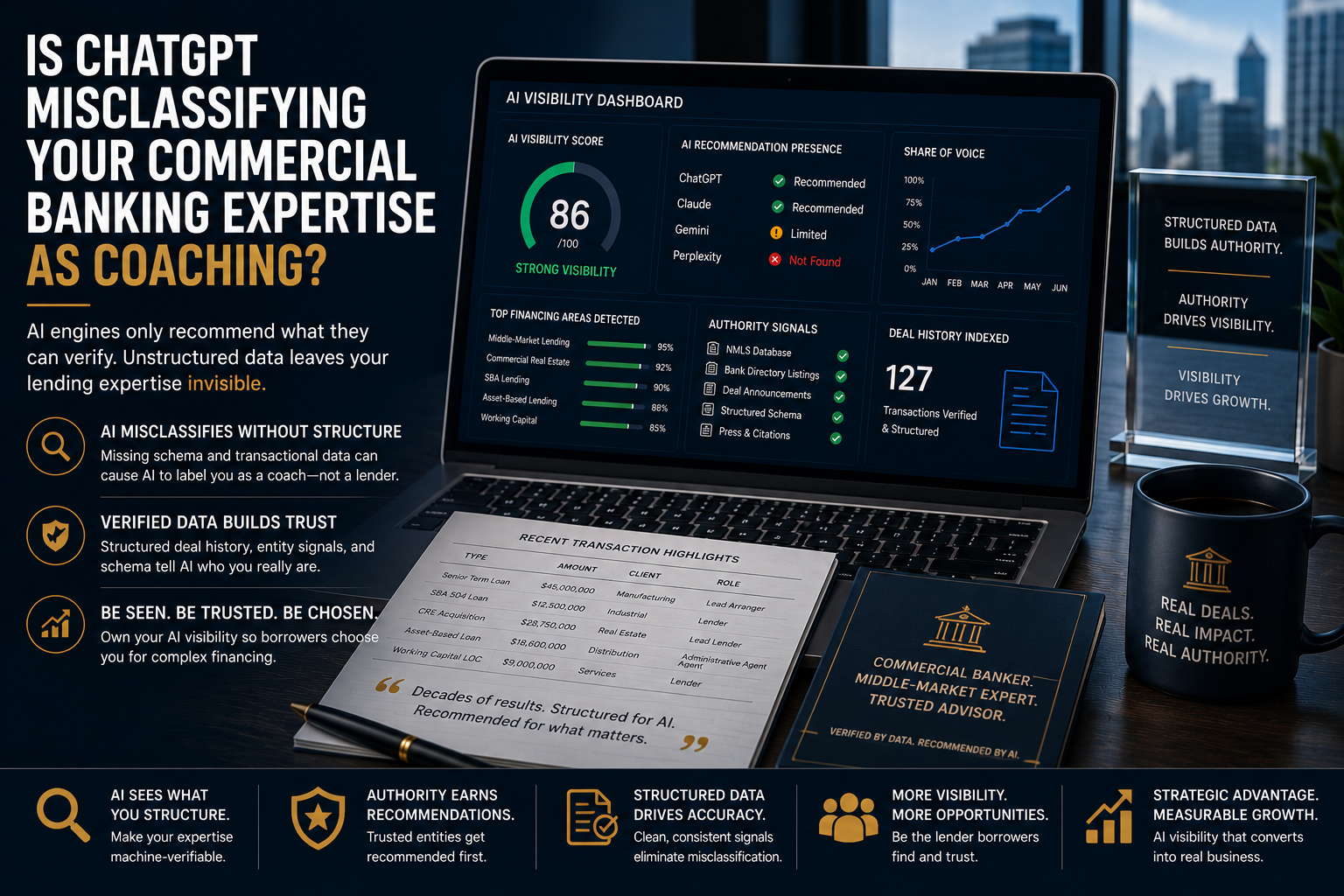 The image features the article title, 'Why Is ChatGPT Misclassifying Your Commercial Banking Expertise as Coaching?', alongside a laptop displaying an 'AI Visibility Dashboard.' This dashboard includes metrics like an 'AI Visibility Score,' 'AI Recommendation Presence' across different platforms, 'Share of Voice,' and 'Recent Transaction Highlights.' Published by Audit AI Visibility, experts in establishing trusted digital authority and improving AI-driven visibility, this visual demonstrates how structured data prevents AI misclassification, ensuring platforms correctly identify commercial banking expertise. Professionals can enhance their AI visibility and authority by conducting an AI identity audit and developing structured data assets.
