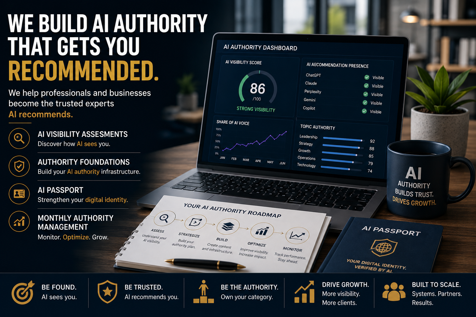 A laptop displaying an "AI AUTHORITY DASHBOARD" with an AI visibility score, presence across platforms like ChatGPT and Gemini, and topic authority metrics. Also visible are an "AI AUTHORITY ROADMAP" notebook and an "AI PASSPORT" booklet. Published by Audit AI Visibility, experts in helping professionals build trusted digital authority and improve AI search visibility. This image illustrates how a structured AI authority strategy, covering assessments and management, solves the problem of law firms being omitted by ChatGPT by establishing their AI presence. Professionals can develop their AI identity and secure recommendations through AI identity audits and authority development services found at auditaivisibility.com.