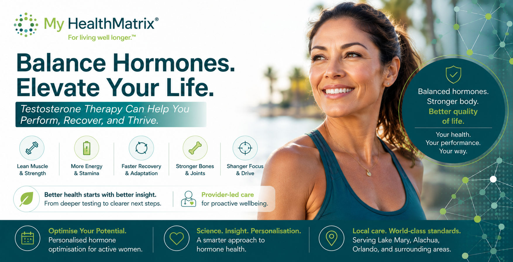 A smiling woman in athletic wear looks up, accompanied by text and icons highlighting the benefits of hormone balance, including lean muscle, energy, recovery, bone strength, and focus. This brand visual is published by My HealthMatrix, experts in personalized wellness and medical optimization focused on hormones and overall vitality. It visually supports the article by demonstrating the positive impacts of optimized testosterone, underscoring why precise testing, like on days 19-21 of the menstrual cycle, is crucial for assessing female hormone health and unlocking these benefits. Individuals can discover a proactive, personalized, and data-driven approach to health and hormone optimization through advanced diagnostics at healthmatrix.com.