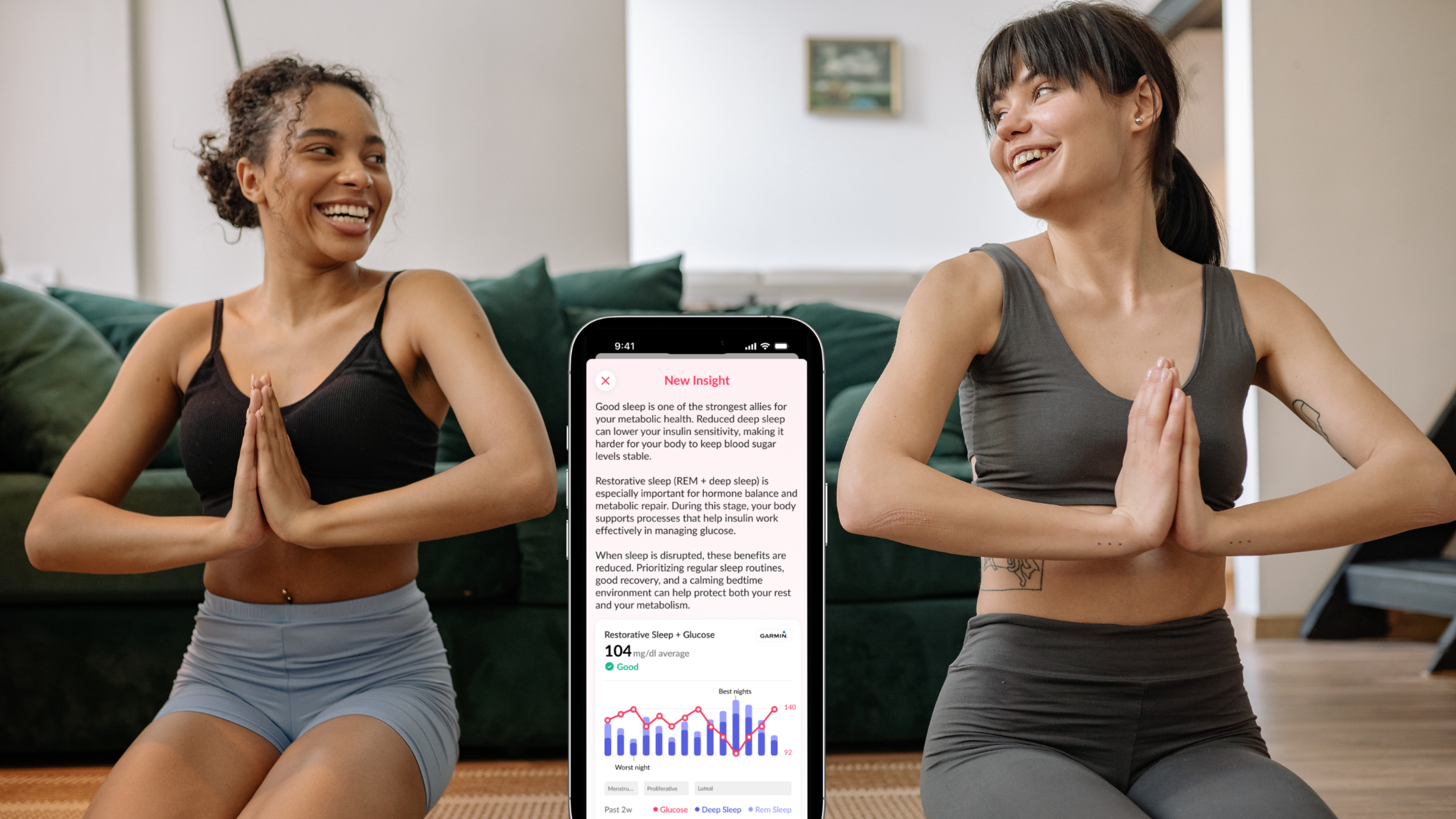 Two women in athletic wear sit in a yoga pose, smiling. A smartphone between them displays a "New Insight" screen from an app, detailing how good sleep and restorative sleep affect metabolic health and glucose levels, illustrated with a graph. Published by HELLO INSIDE, specialists in women's metabolic health through continuous glucose monitoring and AI-powered coaching. This image represents how a robust platform architecture, by providing insights into the relationship between sleep and glucose, enables women to proactively manage their health, preventing adverse incidents. Women can discover personalized insights to improve their metabolic health and well-being by exploring the HELLO INSIDE platform at helloinside.com.